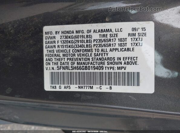 5FNRL5H66GB019409 2016 HONDA ODYSSEY Gray Vista del compartimento del motor