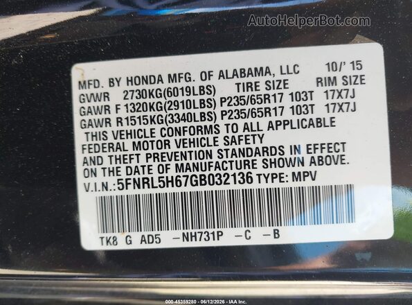5FNRL5H67GB032136 2016 HONDA ODYSSEY Black Շարժիչի բաժամունքի տեսք