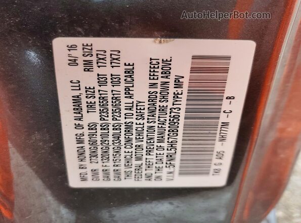 5FNRL5H67GB095673 2016 HONDA ODYSSEY Gray VIN կոդի պիտակի տեսք