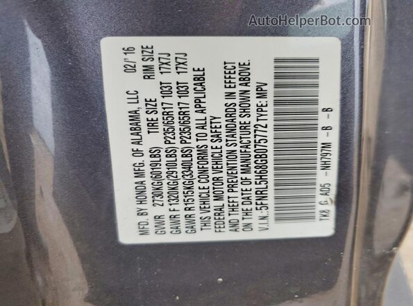 5FNRL5H68GB075772 2016 HONDA ODYSSEY Gray VIN կոդի պիտակի տեսք