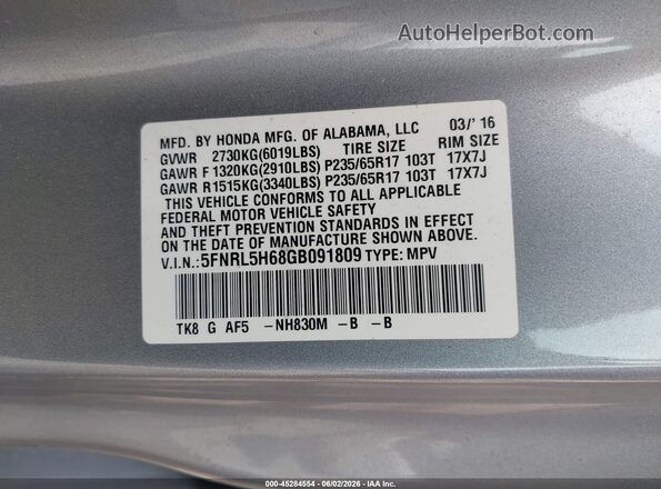 5FNRL5H68GB091809 2016 HONDA ODYSSEY Silver Widok komory silnika
