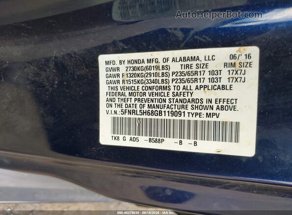 5FNRL5H68GB119091 2016 HONDA ODYSSEY Blue Вид підкапотного простору