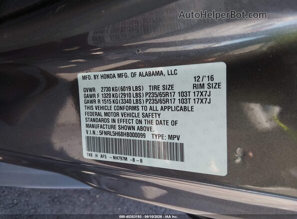 5FNRL5H68HB000099 2017 HONDA ODYSSEY Gray Engine compartment view