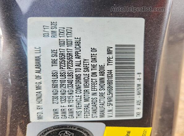 5FNRL5H68HB018344 2017 HONDA ODYSSEY Charcoal Widok naklejki z numerem VIN