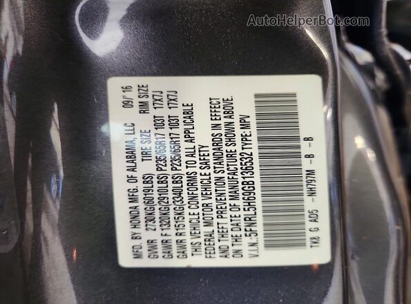 5FNRL5H69GB136532 2016 HONDA ODYSSEY Gray VIN sticker view