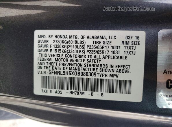 5FNRL5H6XGB080309 2016 HONDA ODYSSEY Серый 