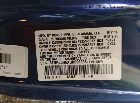5FNRL5H6XGB096235 2016 HONDA ODYSSEY Blue 