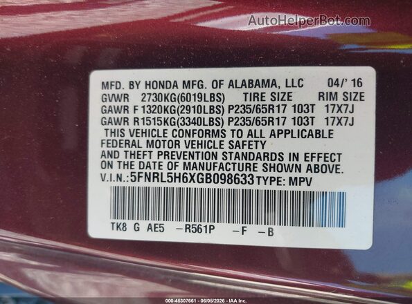 5FNRL5H6XGB098633 2016 HONDA ODYSSEY Red Շարժիչի բաժամունքի տեսք