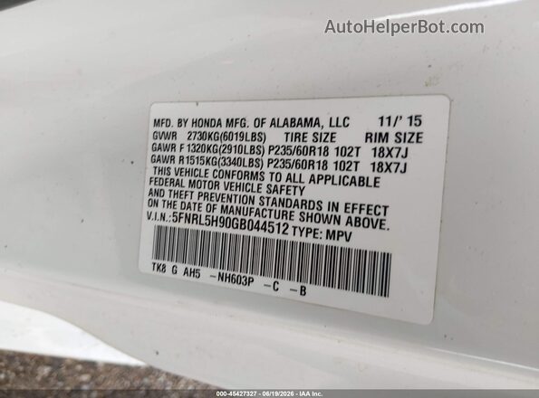 5FNRL5H90GB044512 2016 HONDA ODYSSEY White Engine compartment view