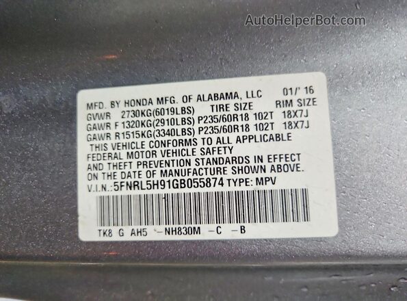 5FNRL5H91GB055874 2016 HONDA ODYSSEY Silver Vista interior de 360 grados