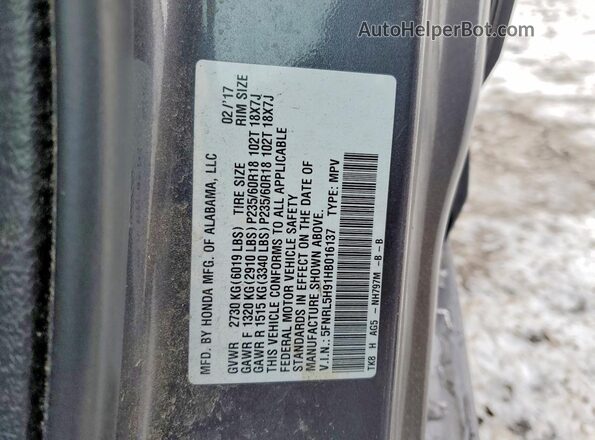 5FNRL5H91HB016137 2017 HONDA ODYSSEY Gray 