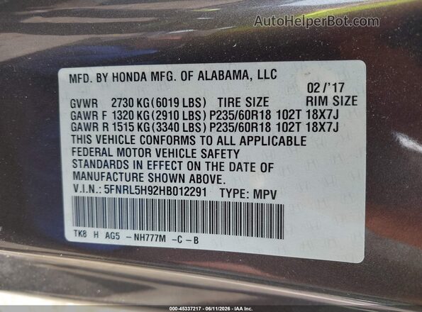 5FNRL5H92HB012291 2017 HONDA ODYSSEY Gray Вид підкапотного простору