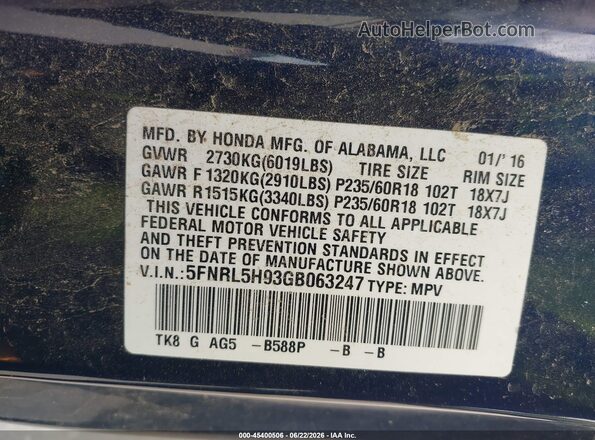 5FNRL5H93GB063247 2016 HONDA ODYSSEY Dark Blue ძრავის განყოფილების ხედი