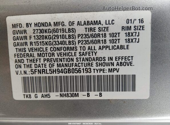 5FNRL5H94GB056193 2016 HONDA ODYSSEY Silver Engine compartment view