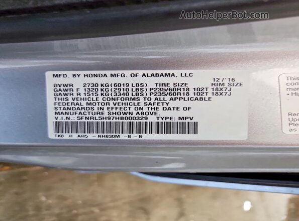 5FNRL5H97HB000329 2017 HONDA ODYSSEY Silver Vista de la etiqueta del VIN