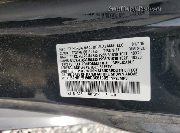 5FNRL5H98GB061395 2016 HONDA ODYSSEY Gray 