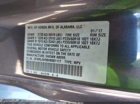 5FNRL5H98HB001117 2017 HONDA ODYSSEY Gray Engine compartment view