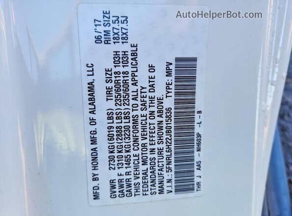 5FNRL6H22JB015836 2018 HONDA ODYSSEY White Widok naklejki z numerem VIN