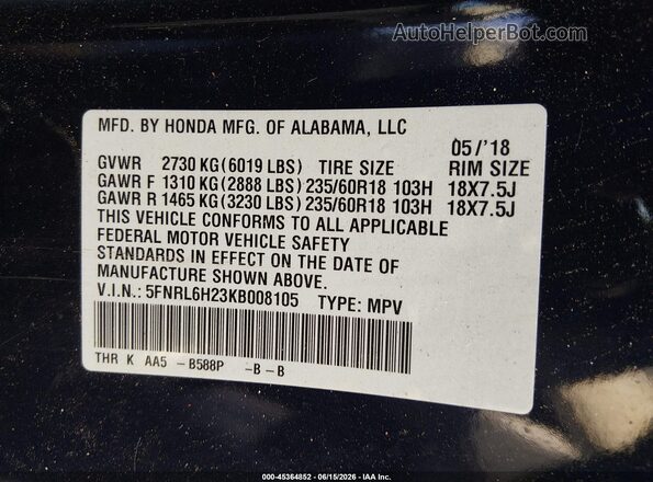 5FNRL6H23KB008105 2019 HONDA ODYSSEY Blue Вид підкапотного простору