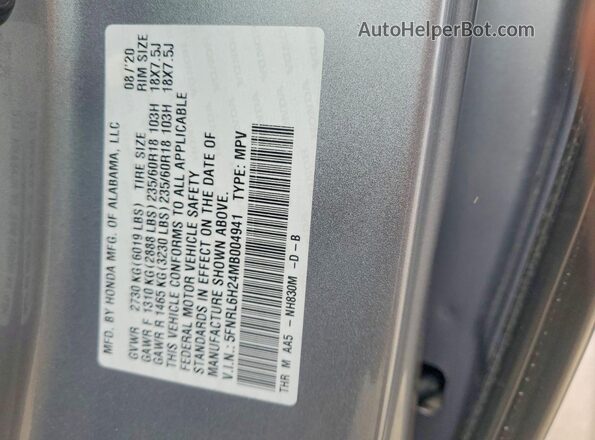 5FNRL6H24MB004941 2021 HONDA ODYSSEY Gray Widok naklejki z numerem VIN