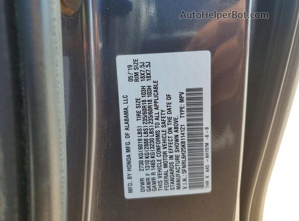 5FNRL6H25KB114121 2019 HONDA ODYSSEY Gray Vista de la etiqueta del VIN