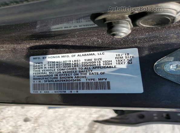 5FNRL6H29KB045496 2019 HONDA ODYSSEY Silver Vista de la etiqueta del VIN