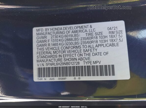 5FNRL6H29NB012728 2022 HONDA ODYSSEY Dark Blue Շարժիչի բաժամունքի տեսք