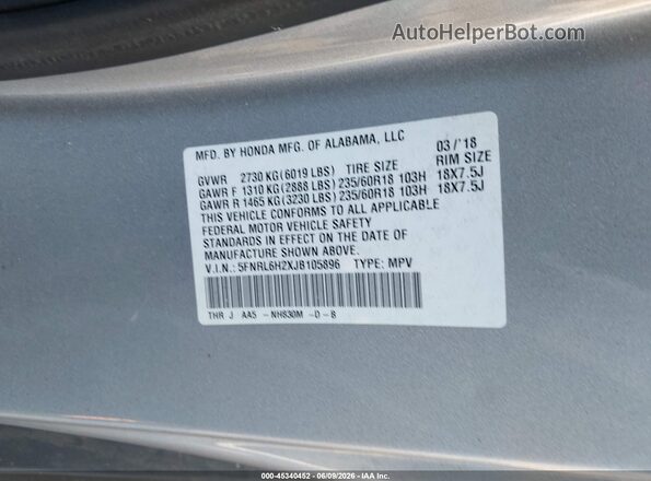 5FNRL6H2XJB105896 2018 HONDA ODYSSEY Silver Շարժիչի բաժամունքի տեսք