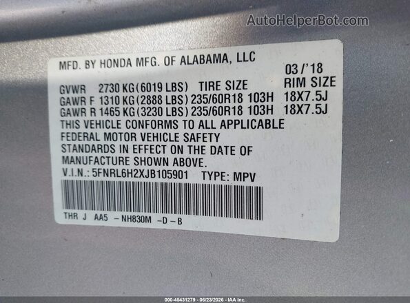 5FNRL6H2XJB105901 2018 HONDA ODYSSEY Silver Vista del compartimento del motor