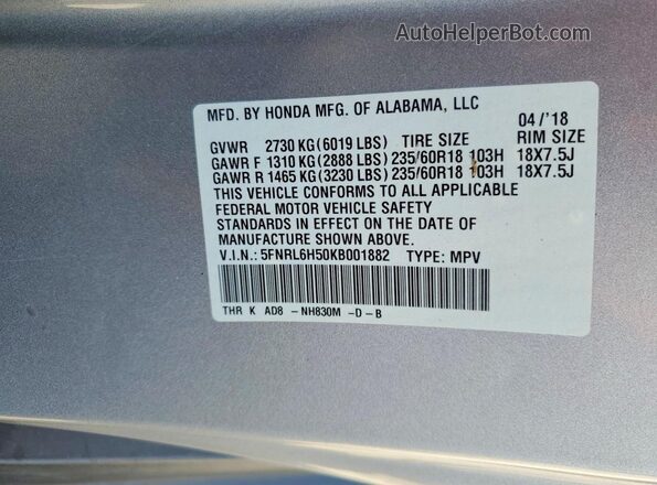 5FNRL6H50KB001882 2019 HONDA ODYSSEY Silver 