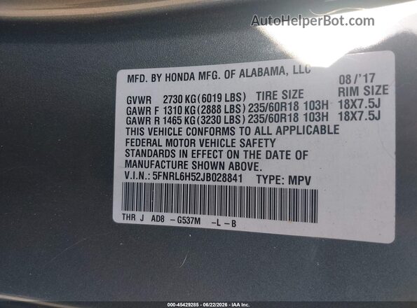 5FNRL6H52JB028841 2018 HONDA ODYSSEY Gray ძრავის განყოფილების ხედი
