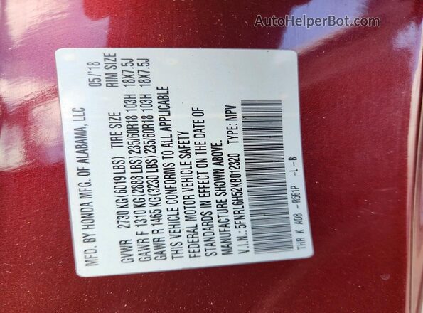 5FNRL6H52KB012320 2019 HONDA ODYSSEY Burgundy 