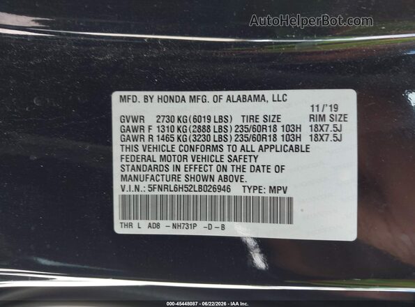 5FNRL6H52LB026946 2020 HONDA ODYSSEY Черный Вид подкапотного пространства