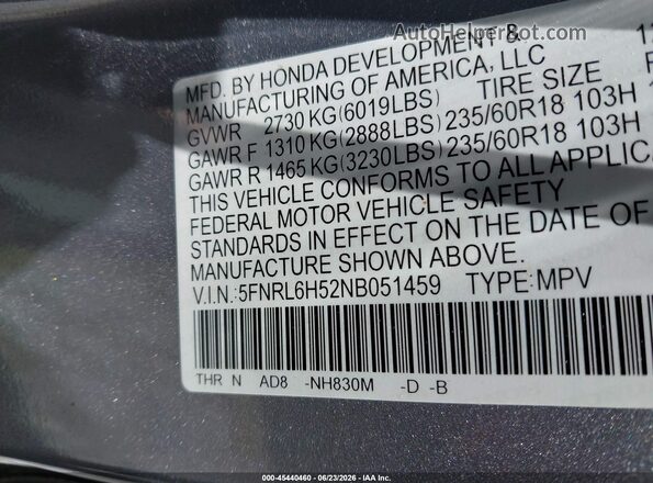 5FNRL6H52NB051459 2022 HONDA ODYSSEY Gray Engine compartment view