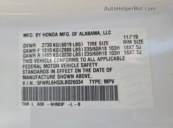5FNRL6H53LB026034 2020 HONDA ODYSSEY White 