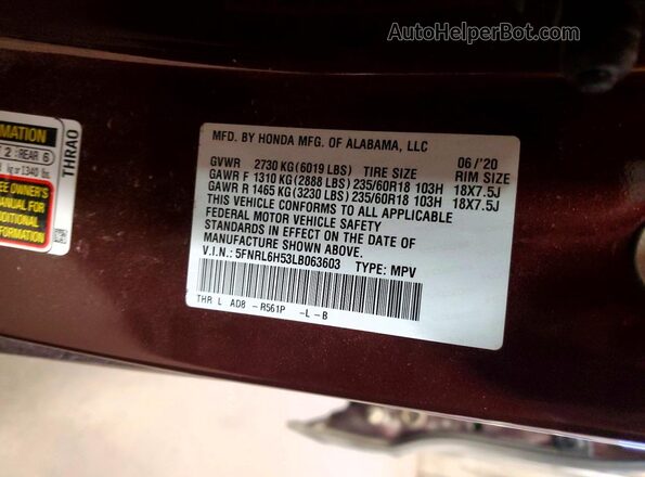 5FNRL6H53LB063603 2020 HONDA ODYSSEY Red Вид наклейки з VIN-кодом