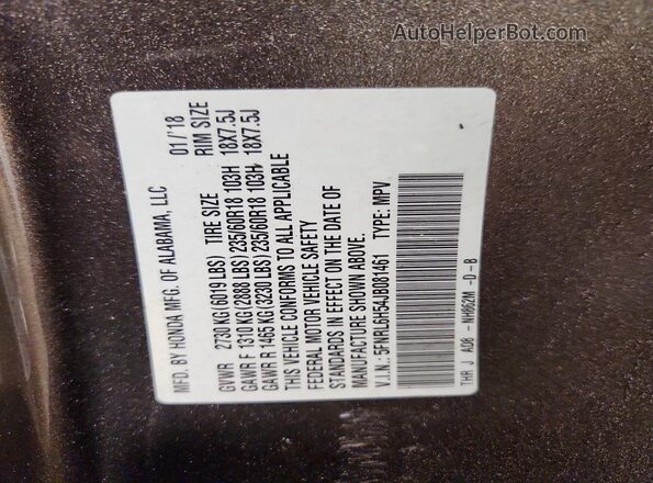 5FNRL6H54JB081461 2018 HONDA ODYSSEY Gray VIN sticker view