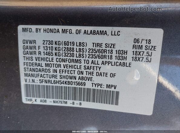 5FNRL6H54KB015669 2019 HONDA ODYSSEY Gray Вид підкапотного простору