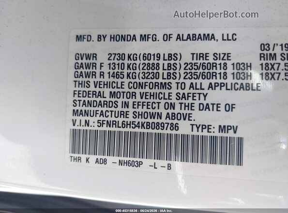 5FNRL6H54KB089786 2019 HONDA ODYSSEY White Շարժիչի բաժամունքի տեսք