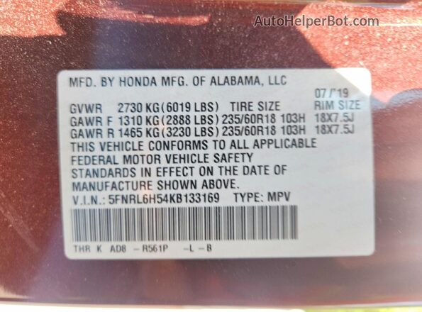 5FNRL6H54KB133169 2019 HONDA ODYSSEY Maroon 