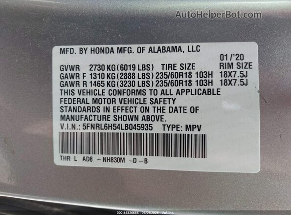 5FNRL6H54LB045935 2020 HONDA ODYSSEY Silver Вид підкапотного простору