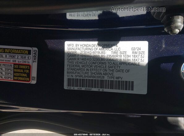 5FNRL6H54RB039528 2024 HONDA ODYSSEY Blue 