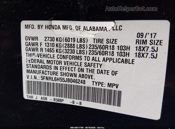 5FNRL6H55JB046248 2018 HONDA ODYSSEY Dark Blue Widok komory silnika