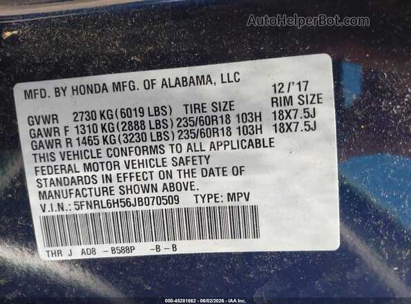 5FNRL6H56JB070509 2018 HONDA ODYSSEY Blue Widok komory silnika
