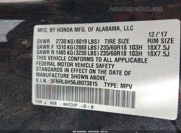 5FNRL6H56JB073815 2018 HONDA ODYSSEY Black Engine compartment view