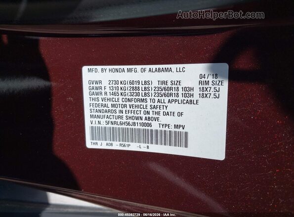 5FNRL6H56JB110006 2018 HONDA ODYSSEY Maroon 