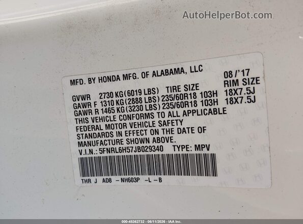 5FNRL6H57JB029340 2018 HONDA ODYSSEY Белый Вид подкапотного пространства