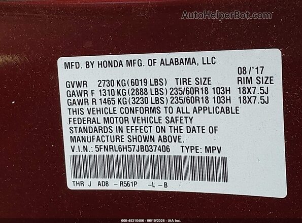 5FNRL6H57JB037406 2018 HONDA ODYSSEY Maroon Engine compartment view