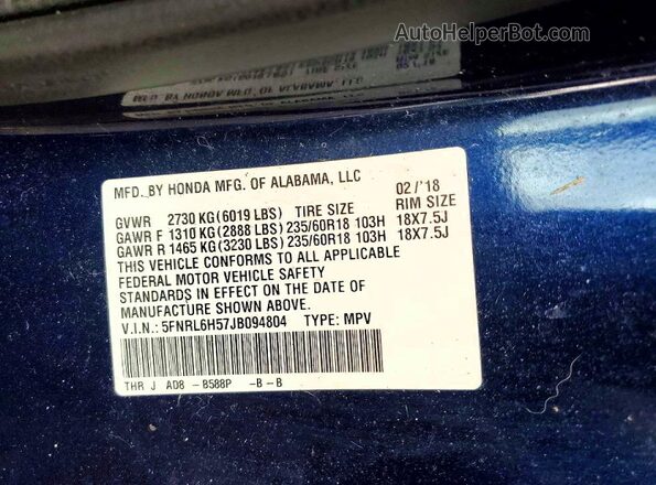5FNRL6H57JB094804 2018 HONDA ODYSSEY Blue 