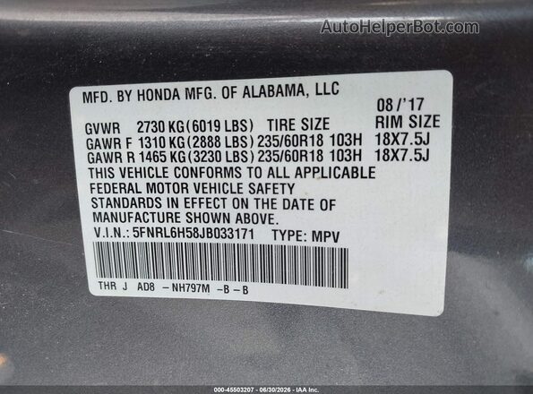 5FNRL6H58JB033171 2018 HONDA ODYSSEY Gray ძრავის განყოფილების ხედი